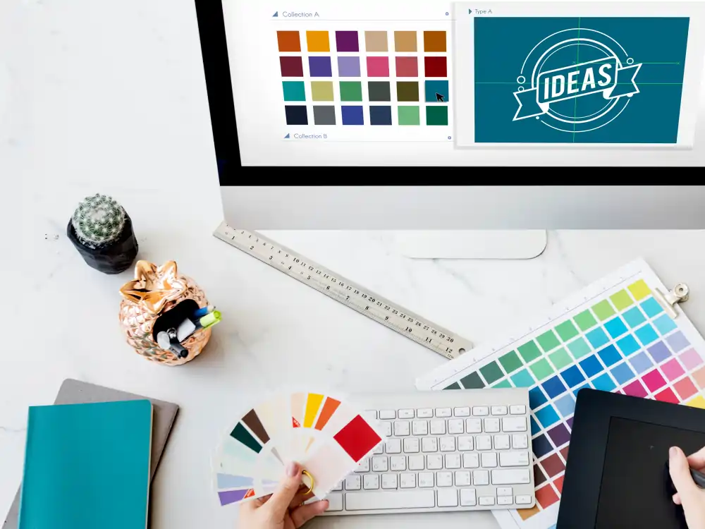 creation-identite-visuelle-branding Processus de création d’identité visuelle avec une palette de couleurs et un design de logo.