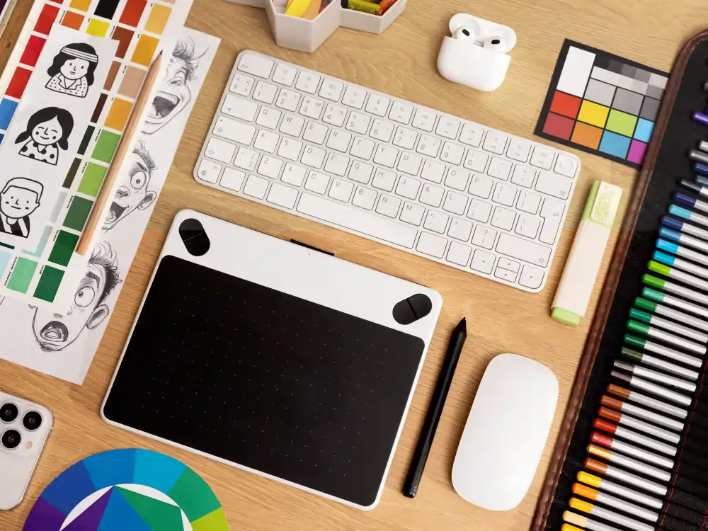 design-graphique-creation-contenu-visuel Table de travail d’un designer avec une tablette graphique, des esquisses et une palette de couleurs.
